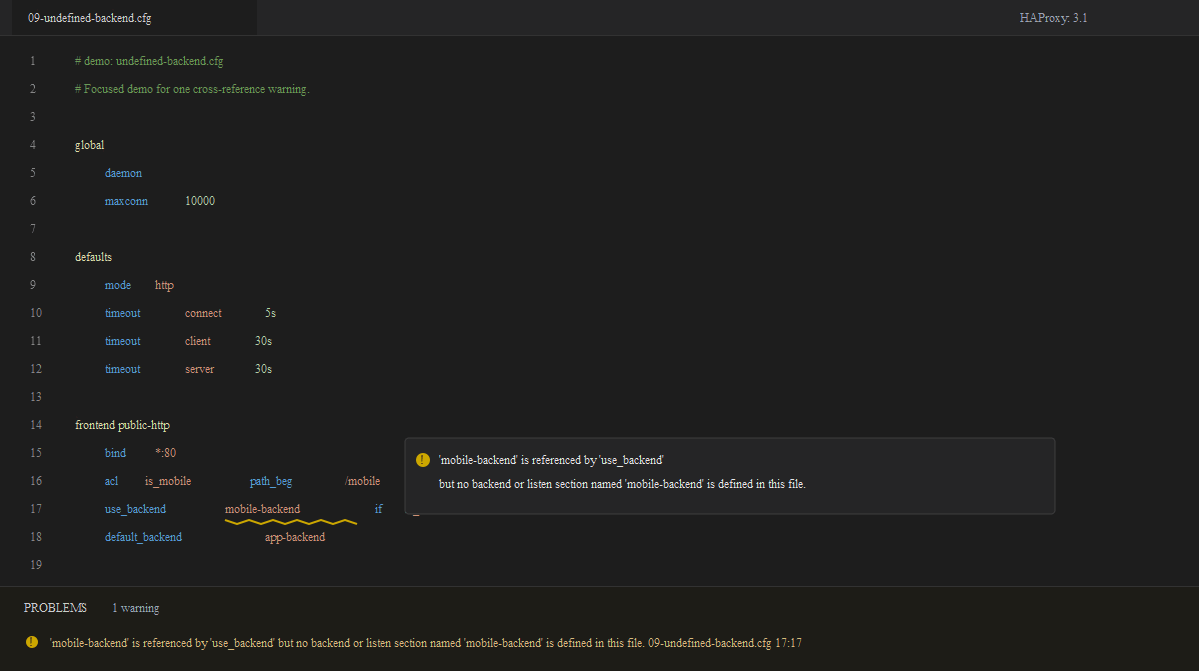 Warning for a default_backend that points to a backend that is not defined