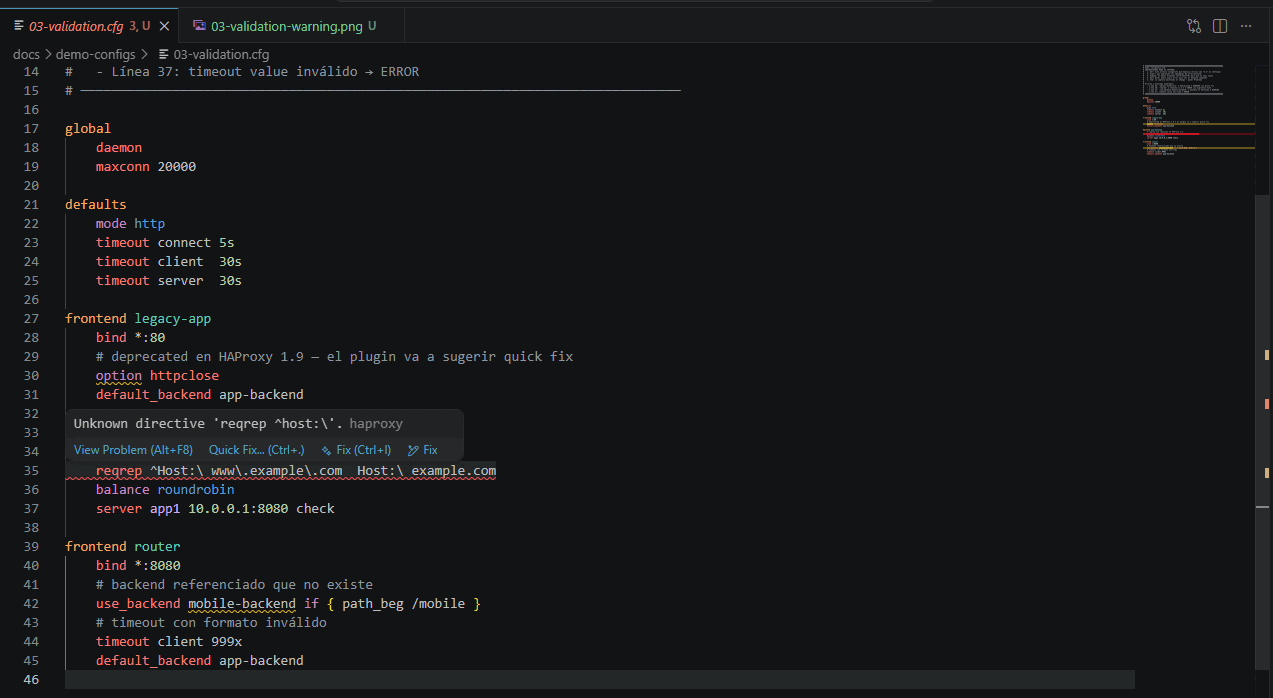 Diagnostics appearing while editing an HAProxy configuration in VS Code